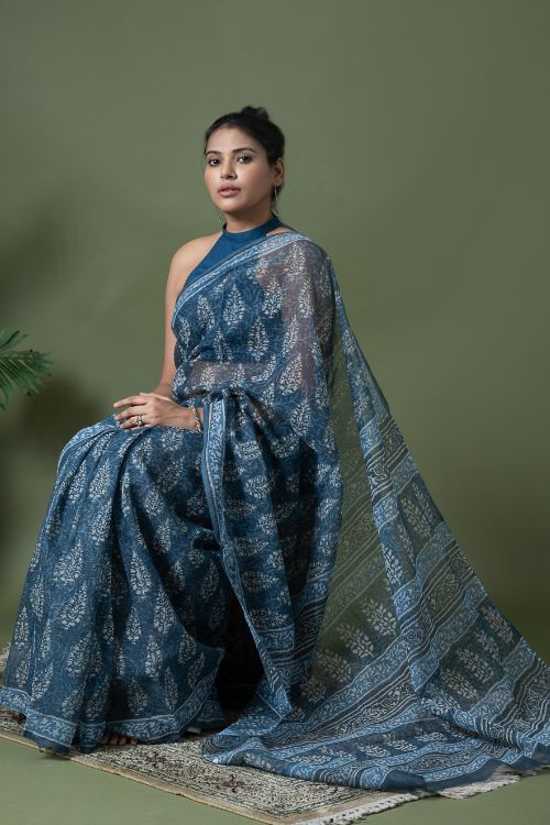 ICH Light & Breezy Dabu Hand Block Printed Kota Doria - Blue Ornate - Image 2