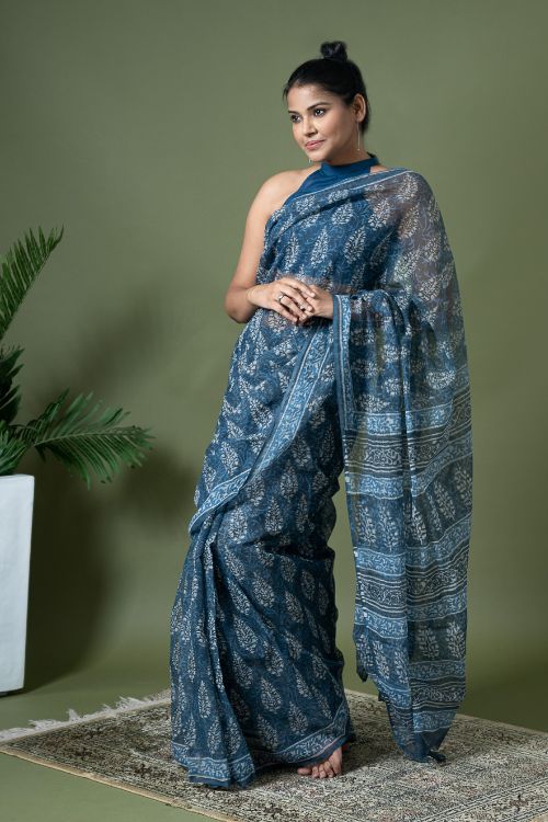 ICH Light & Breezy Dabu Hand Block Printed Kota Doria - Blue Ornate - Image 3