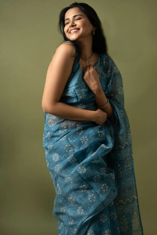 ICH Light & Breezy Dabu Hand Block Printed Kota Doria - Firozi - Image 2