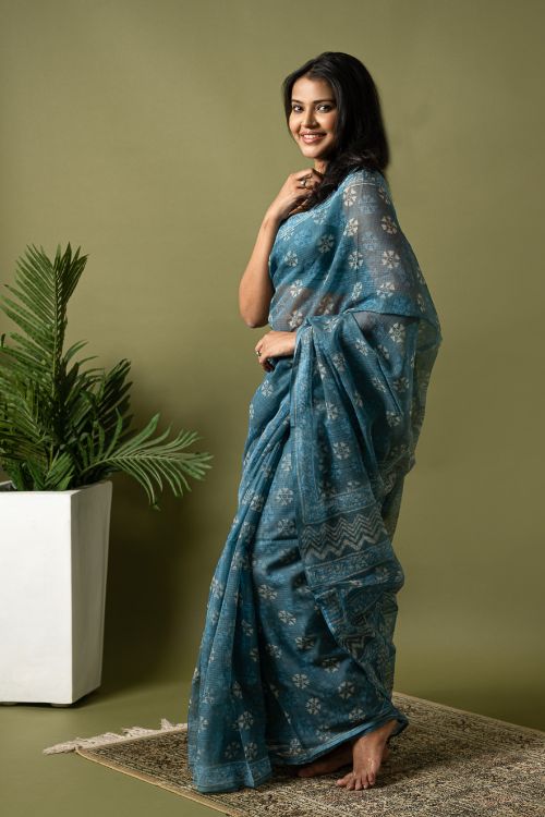 ICH Light & Breezy Dabu Hand Block Printed Kota Doria - Firozi - Image 3