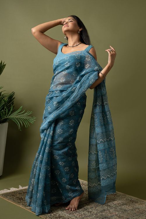 ICH Light & Breezy Dabu Hand Block Printed Kota Doria - Firozi - Image 5