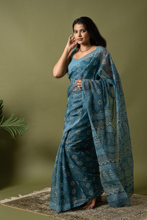 ICH Light & Breezy Dabu Hand Block Printed Kota Doria - Firozi - Image 7