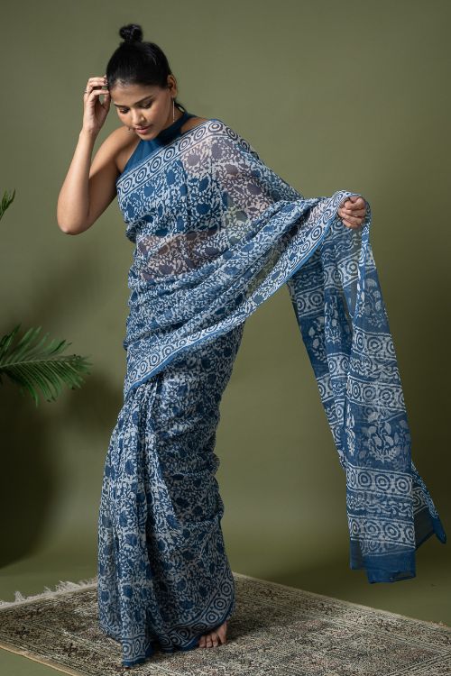 ICH Light & Breezy Dabu Hand Block Printed Kota Doria - Floral Jaal - Image 4