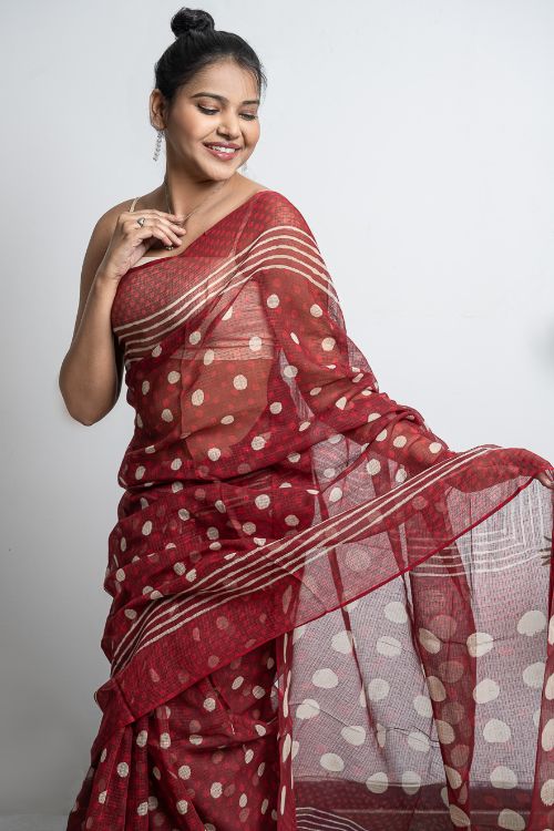 ICH Light & Breezy Dabu Hand Block Printed Kota Doria - Red Polka
