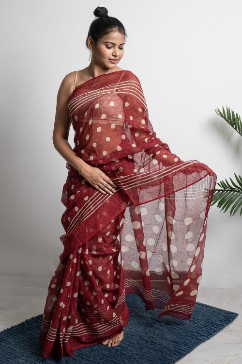 ICH Light & Breezy Dabu Hand Block Printed Kota Doria - Red Polka - Image 2