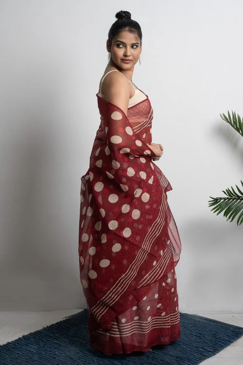 ICH Light & Breezy Dabu Hand Block Printed Kota Doria - Red Polka - Image 3