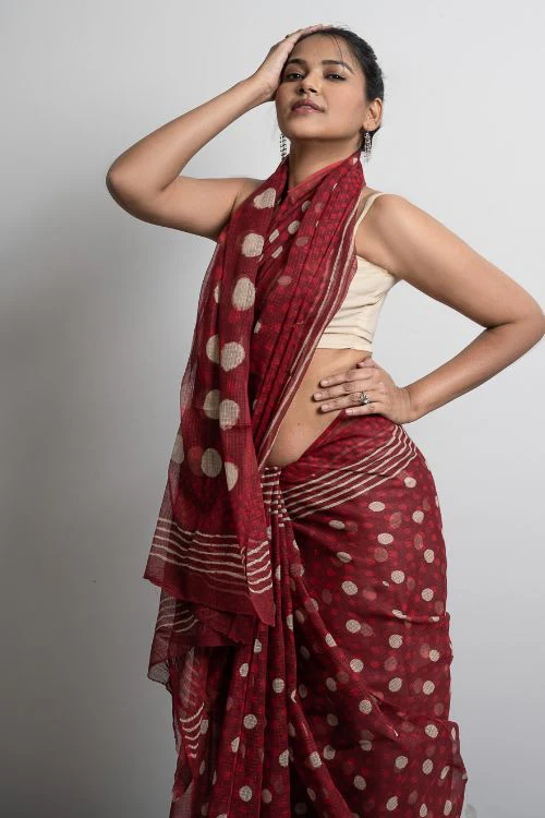 ICH Light & Breezy Dabu Hand Block Printed Kota Doria - Red Polka - Image 5