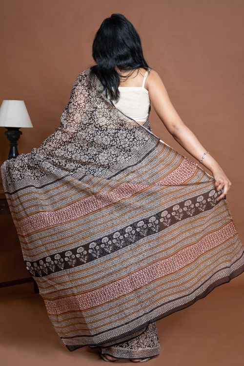 ICH Light & Breezy. Sanganeri Hand Block Printed Kota Doria - Black Floral - Image 4