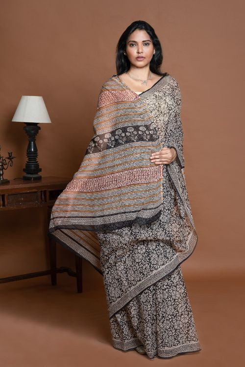ICH Light & Breezy. Sanganeri Hand Block Printed Kota Doria - Black Floral - Image 7