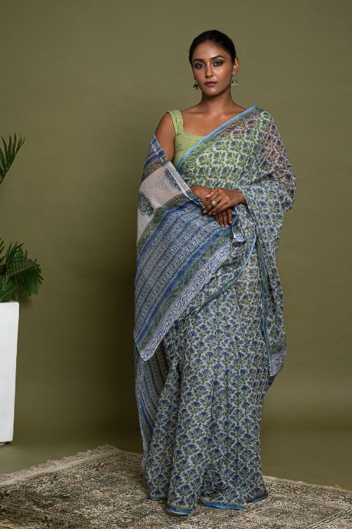 ICH Light & Breezy. Sanganeri Hand Block Printed Kota Doria - Blue Flora - Image 2