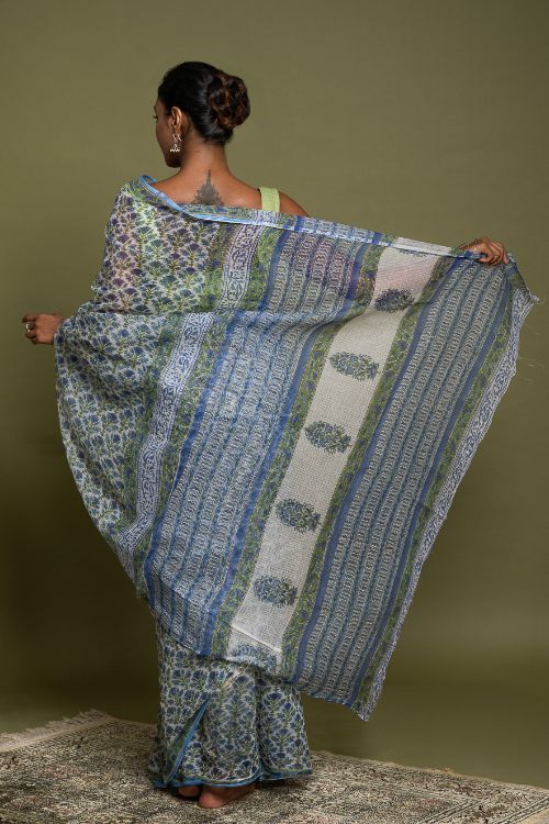 ICH Light & Breezy. Sanganeri Hand Block Printed Kota Doria - Blue Flora - Image 4