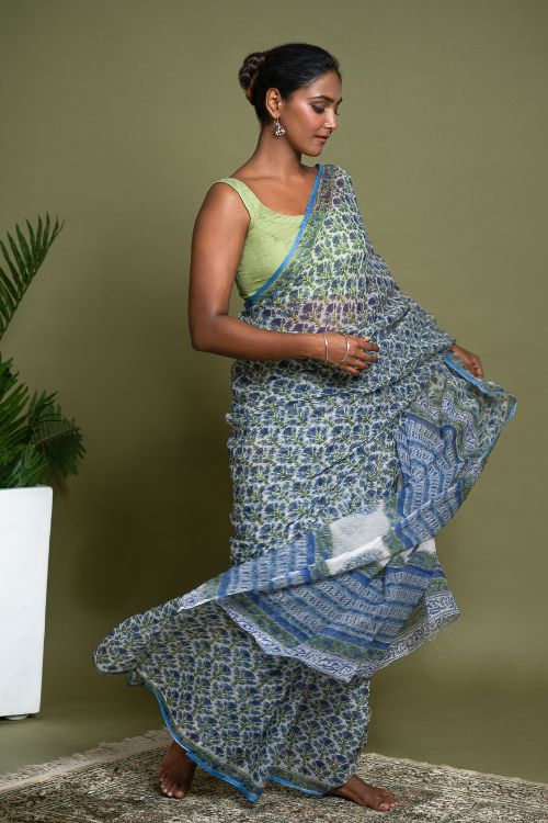 ICH Light & Breezy. Sanganeri Hand Block Printed Kota Doria - Blue Flora - Image 5