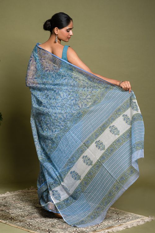 ICH Light & Breezy. Sanganeri Hand Block Printed Kota Doria - Floral Blue - Image 4