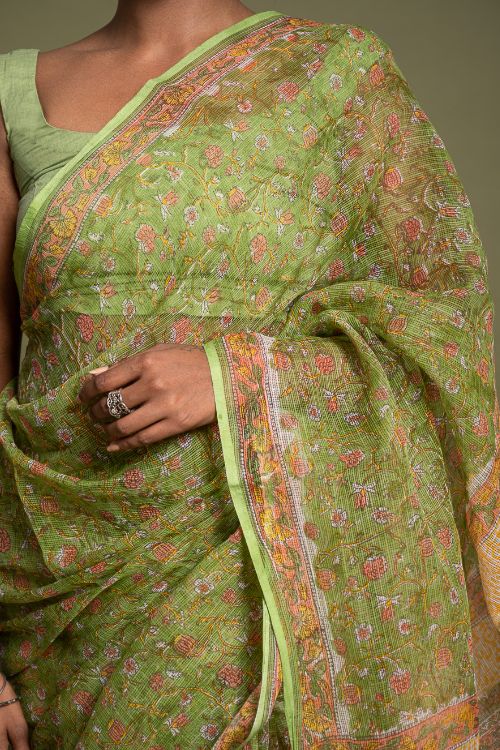 ICH Light & Breezy. Sanganeri Hand Block Printed Kota Doria - Green Flora - Image 2