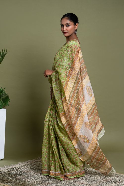 ICH Light & Breezy. Sanganeri Hand Block Printed Kota Doria - Green Flora - Image 3