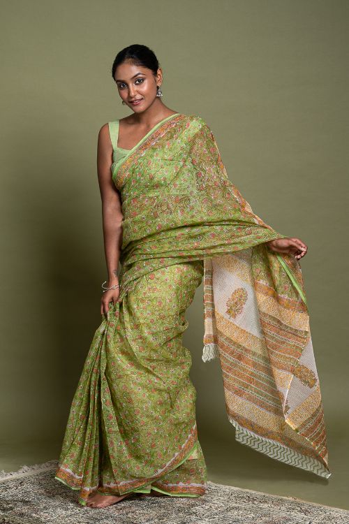 ICH Light & Breezy. Sanganeri Hand Block Printed Kota Doria - Green Flora - Image 4