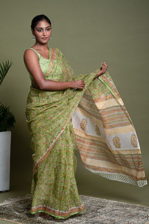 ICH Light & Breezy. Sanganeri Hand Block Printed Kota Doria - Green Flora - Image 5