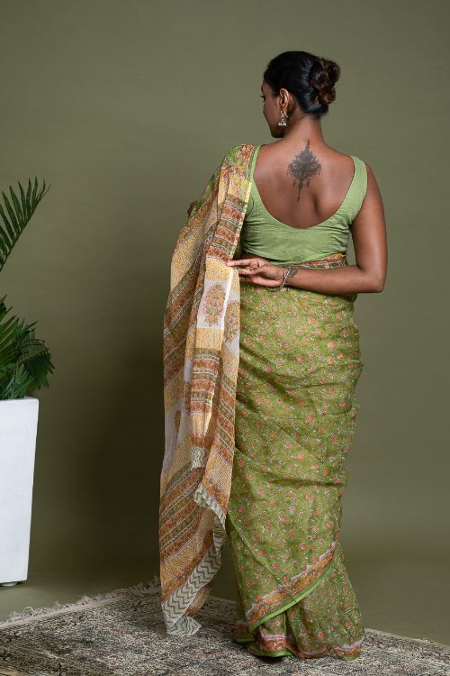 ICH Light & Breezy. Sanganeri Hand Block Printed Kota Doria - Green Flora - Image 6