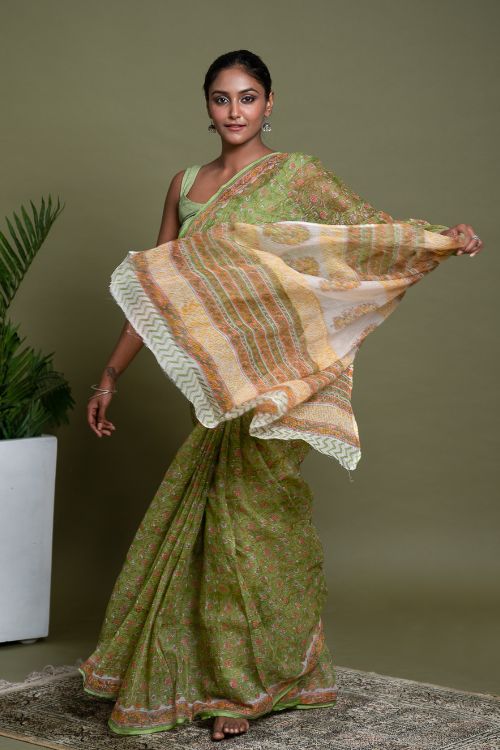 ICH Light & Breezy. Sanganeri Hand Block Printed Kota Doria - Green Flora - Image 8