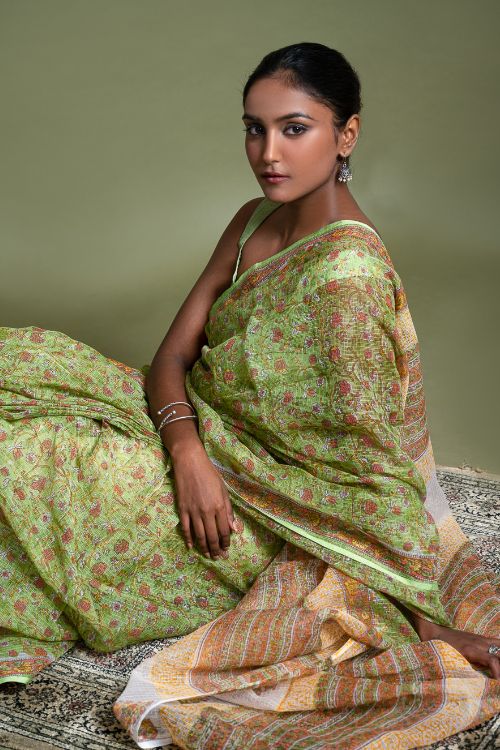 ICH Light & Breezy. Sanganeri Hand Block Printed Kota Doria - Green Flora - Image 9