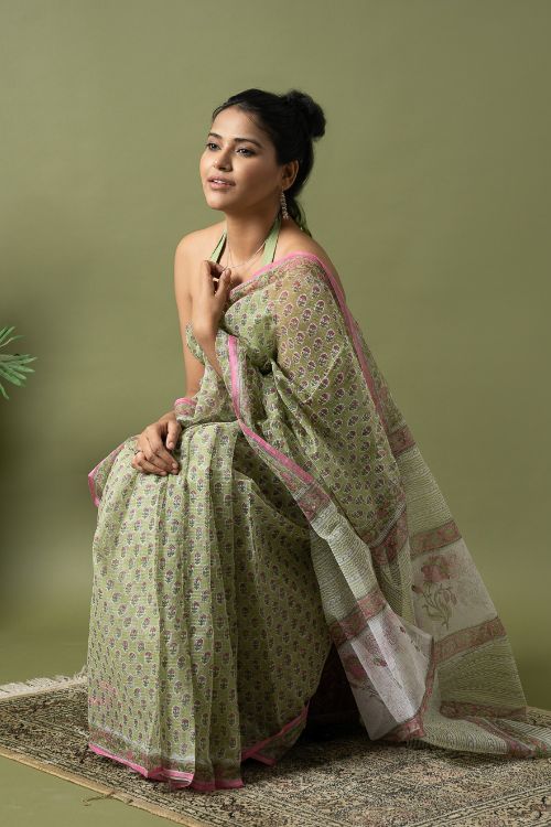 ICH Light & Breezy. Sanganeri Hand Block Printed Kota Doria - Green Floral - Image 10