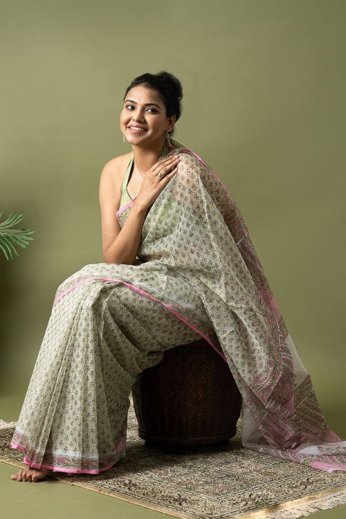 ICH Light & Breezy. Sanganeri Hand Block Printed Kota Doria - Green Floral - Image 11