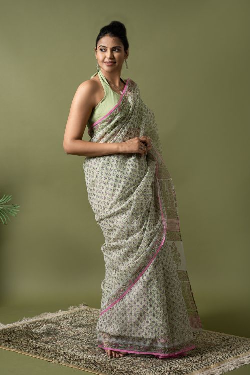 ICH Light & Breezy. Sanganeri Hand Block Printed Kota Doria - Green Floral - Image 6