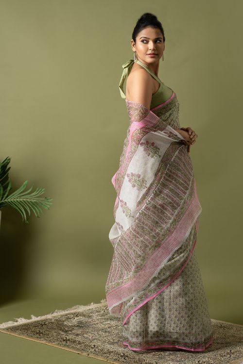 ICH Light & Breezy. Sanganeri Hand Block Printed Kota Doria - Green Floral - Image 7