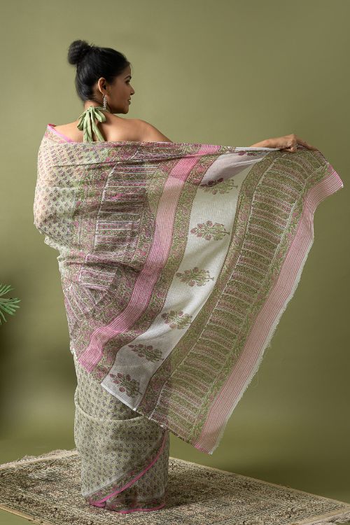 ICH Light & Breezy. Sanganeri Hand Block Printed Kota Doria - Green Floral - Image 8