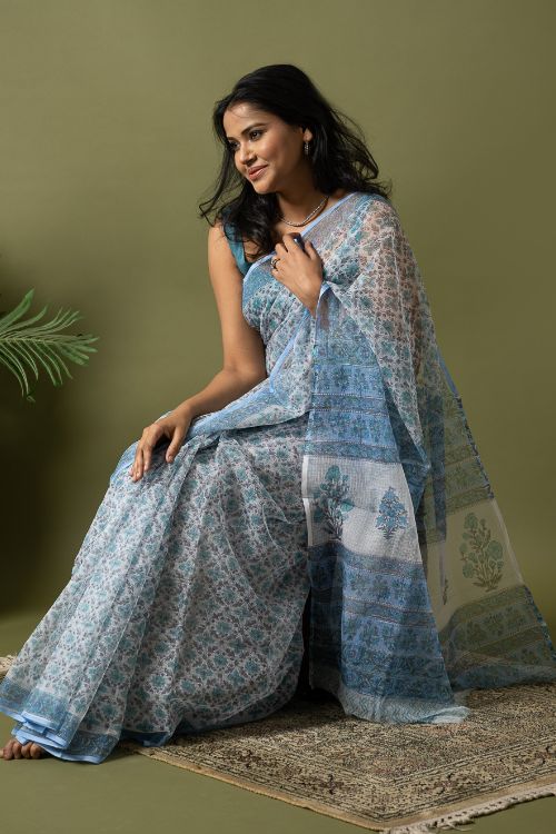 ICH Light & Breezy. Sanganeri Hand Block Printed Kota Doria - Ice Blue Flora - Image 2