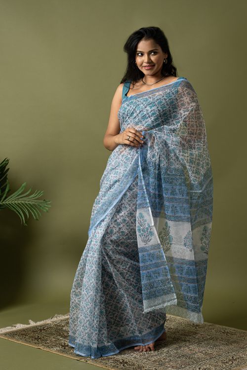 ICH Light & Breezy. Sanganeri Hand Block Printed Kota Doria - Ice Blue Flora - Image 3