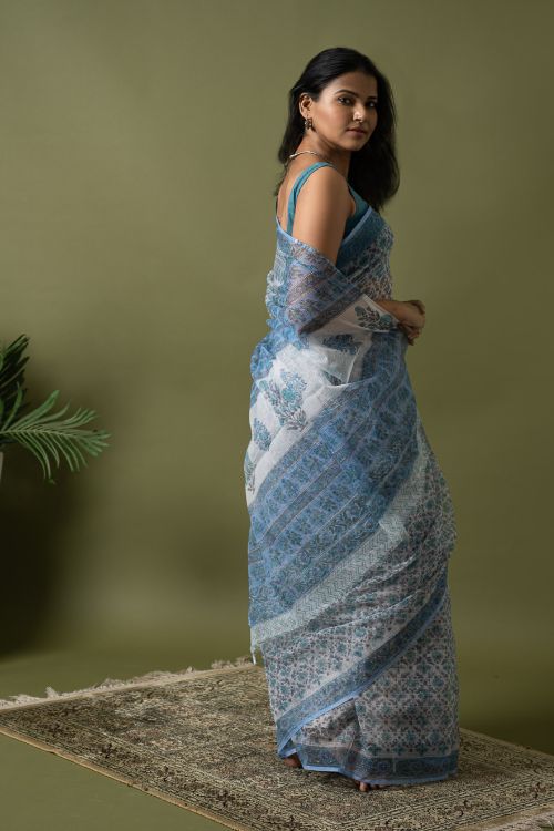 ICH Light & Breezy. Sanganeri Hand Block Printed Kota Doria - Ice Blue Flora - Image 4