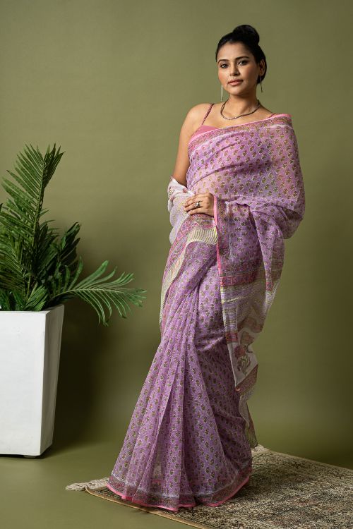 ICH Light & Breezy. Sanganeri Hand Block Printed Kota Doria - Mauve Flora - Image 3