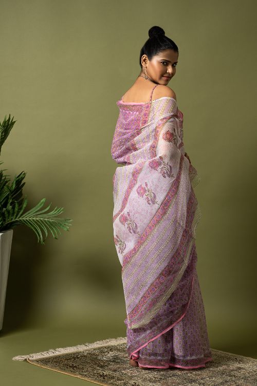 ICH Light & Breezy. Sanganeri Hand Block Printed Kota Doria - Mauve Flora - Image 4