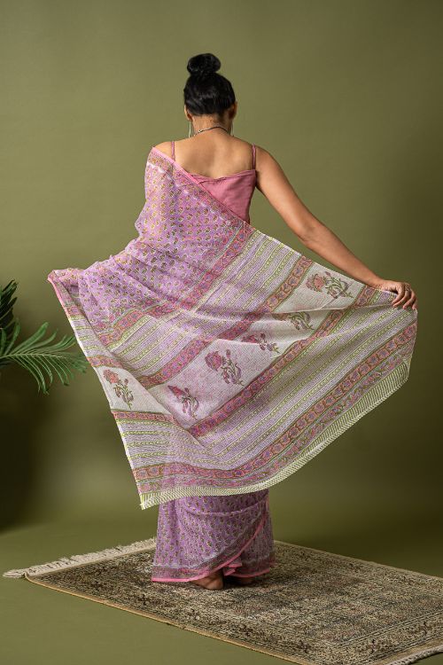 ICH Light & Breezy. Sanganeri Hand Block Printed Kota Doria - Mauve Flora - Image 5
