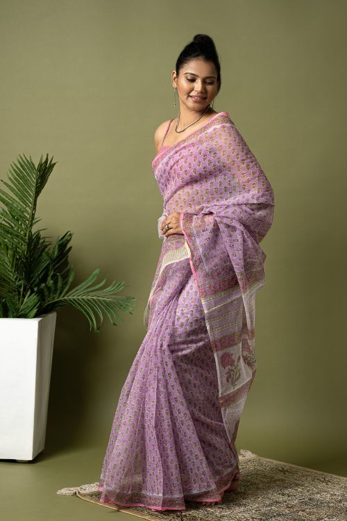 ICH Light & Breezy. Sanganeri Hand Block Printed Kota Doria - Mauve Flora - Image 6