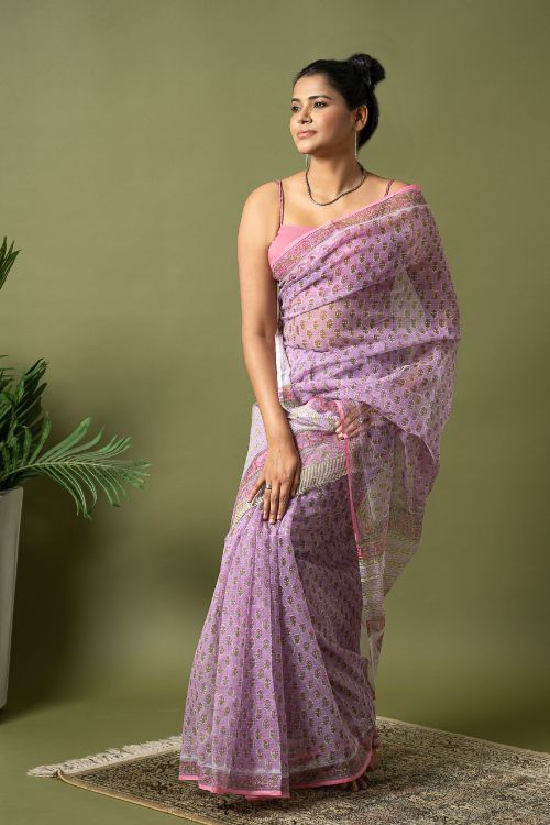 ICH Light & Breezy. Sanganeri Hand Block Printed Kota Doria - Mauve Flora - Image 7