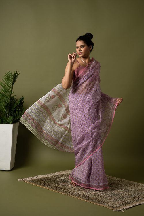 ICH Light & Breezy. Sanganeri Hand Block Printed Kota Doria - Mauve Flora - Image 8