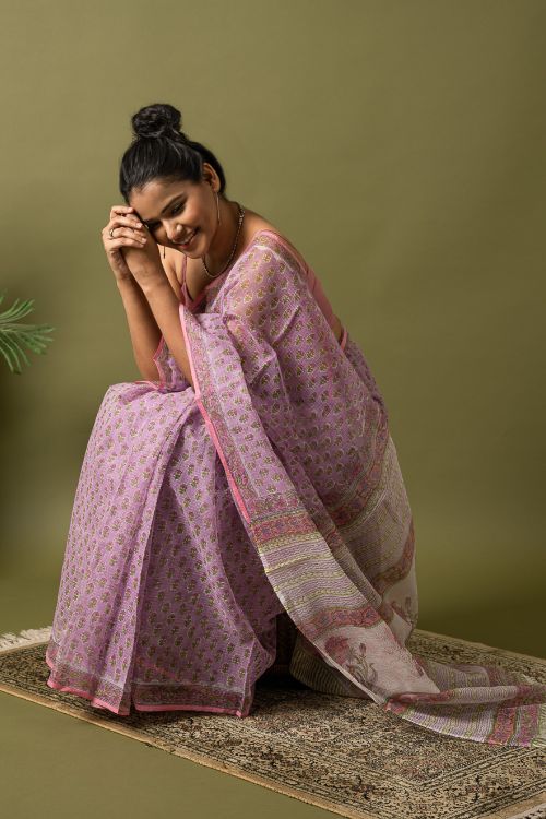 ICH Light & Breezy. Sanganeri Hand Block Printed Kota Doria - Mauve Flora - Image 9