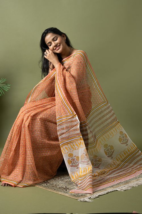 ICH Light & Breezy. Sanganeri Hand Block Printed Kota Doria - Peach Flora - Image 2