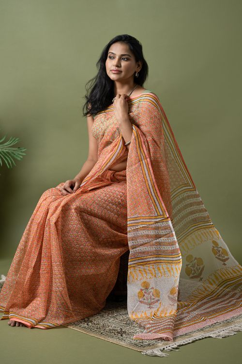 ICH Light & Breezy. Sanganeri Hand Block Printed Kota Doria - Peach Flora - Image 3