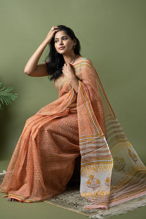 ICH Light & Breezy. Sanganeri Hand Block Printed Kota Doria - Peach Flora - Image 4