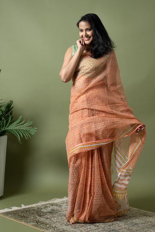 ICH Light & Breezy. Sanganeri Hand Block Printed Kota Doria - Peach Flora - Image 6