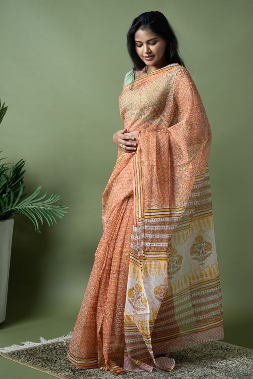 ICH Light & Breezy. Sanganeri Hand Block Printed Kota Doria - Peach Flora - Image 8