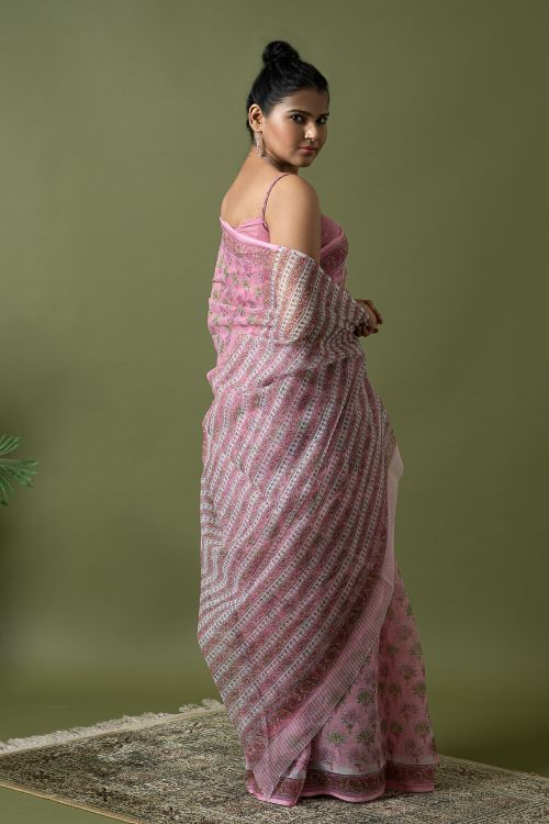 ICH Light & Breezy. Sanganeri Hand Block Printed Kota Doria - Pink Flora - Image 4