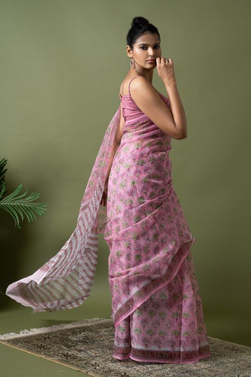 ICH Light & Breezy. Sanganeri Hand Block Printed Kota Doria - Pink Flora - Image 5
