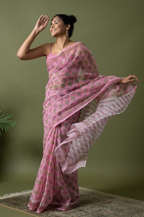ICH Light & Breezy. Sanganeri Hand Block Printed Kota Doria - Pink Flora - Image 6