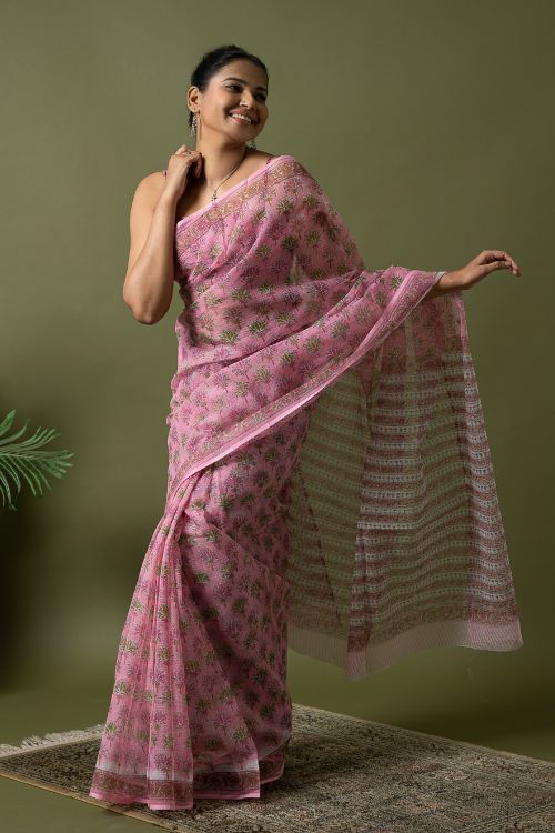 ICH Light & Breezy. Sanganeri Hand Block Printed Kota Doria - Pink Flora - Image 7