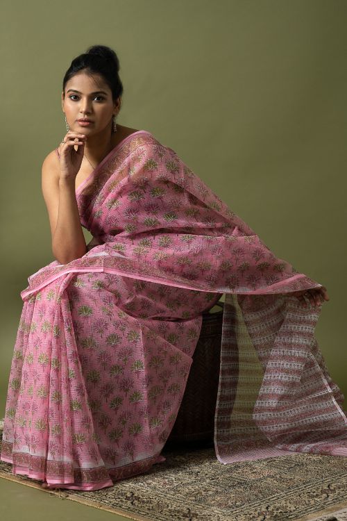 ICH Light & Breezy. Sanganeri Hand Block Printed Kota Doria - Pink Flora - Image 8