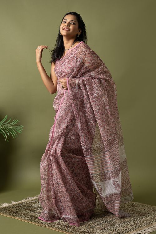 ICH Light & Breezy. Sanganeri Hand Block Printed Kota Doria - Pink Floral - Image 5